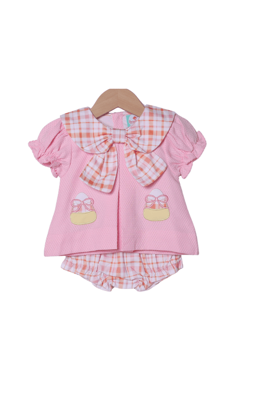 The Smocked Flamingo Children's Clothing Applique Candy Corn Pink Honeycomb/Plaid Bloomer Set