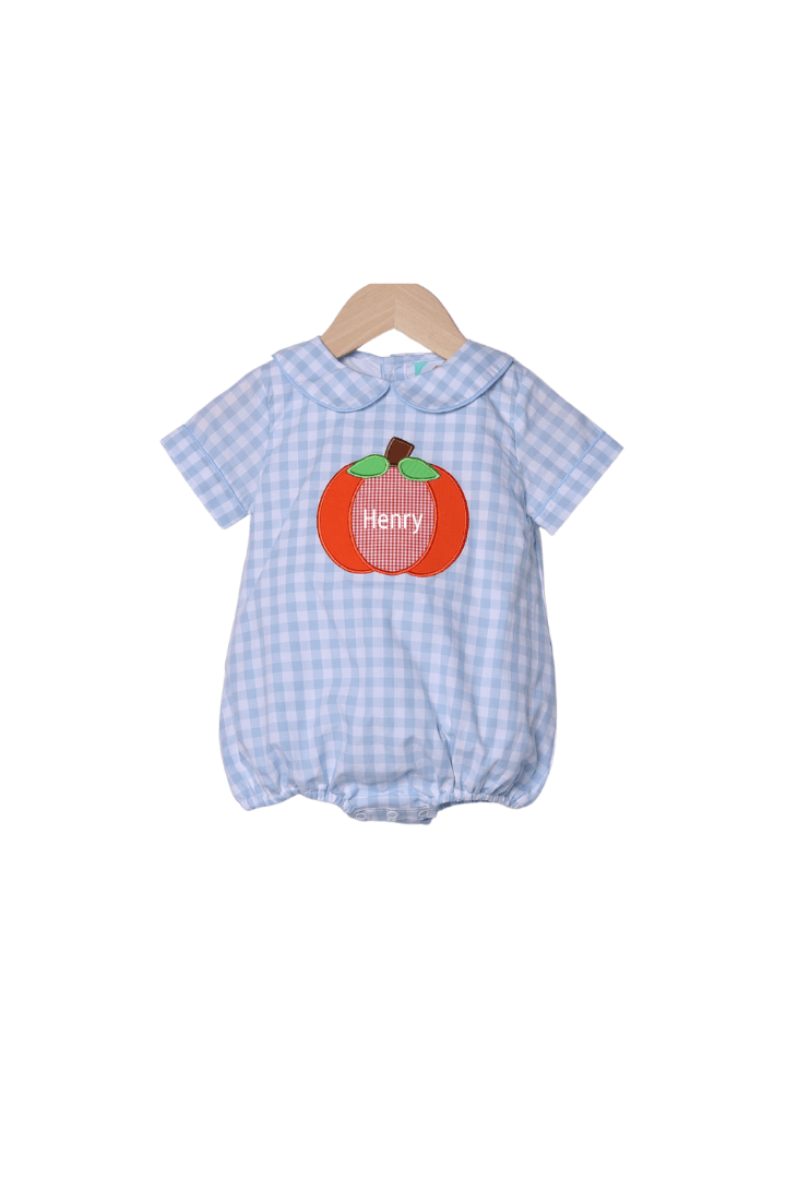 The Smocked Flamingo Children's Clothing Applique Pumpkin Blue Gingham Bubble