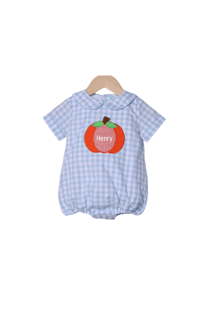 The Smocked Flamingo Children's Clothing Applique Pumpkin Blue Gingham Bubble