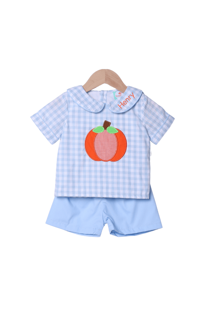The Smocked Flamingo Children's Clothing Applique Pumpkin Blue Gingham Short Set