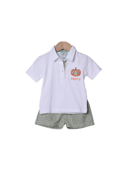 The Smocked Flamingo Children's Clothing Applique Pumpkin Green Seersucker Polo Short Set
