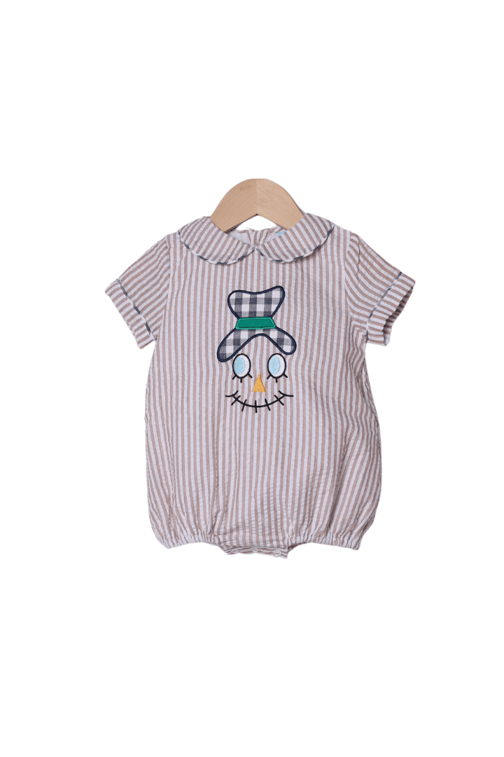 The Smocked Flamingo Children's Clothing Applique Scarecrow Tan Seersucker Bubble