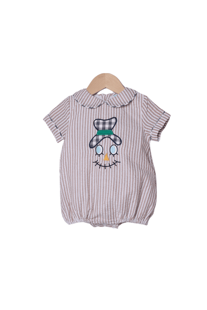 The Smocked Flamingo Children's Clothing Applique Scarecrow Tan Seersucker Bubble
