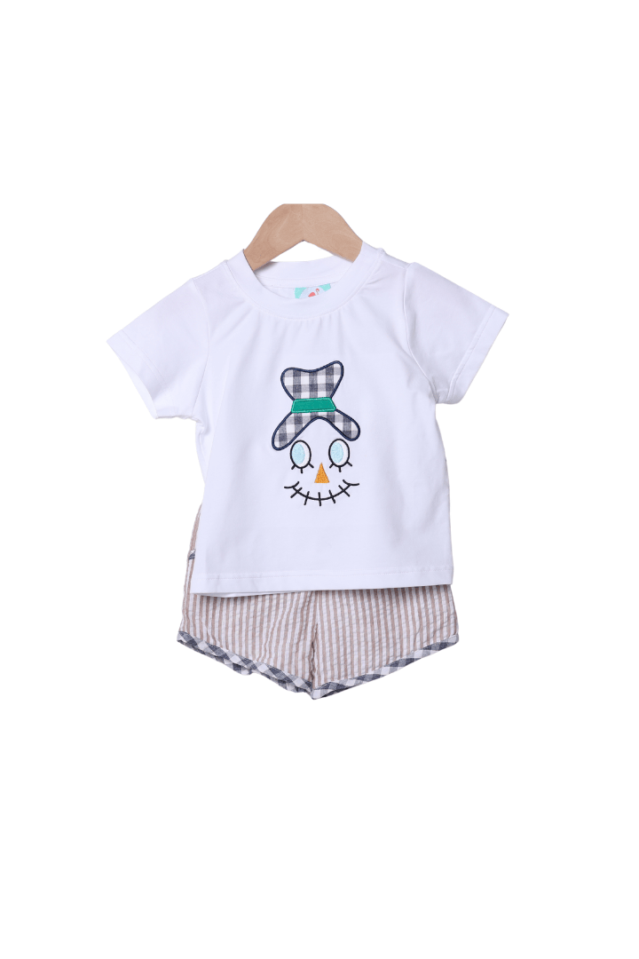 The Smocked Flamingo Children's Clothing Applique Scarecrow Tan Seersucker Short Set