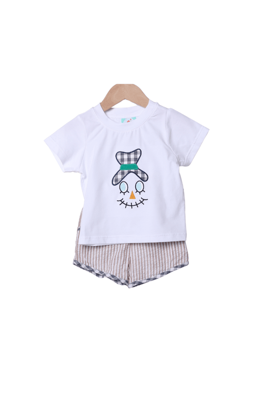 The Smocked Flamingo Children's Clothing Applique Scarecrow Tan Seersucker Short Set