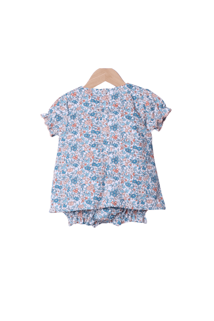 The Smocked Flamingo Children's Clothing Apricot and Blue Fall Floral Bow Bubble