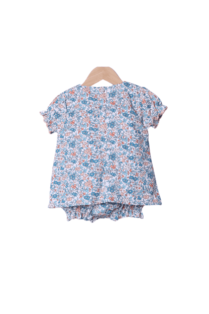 The Smocked Flamingo Children's Clothing Apricot and Blue Fall Floral Bow Bubble