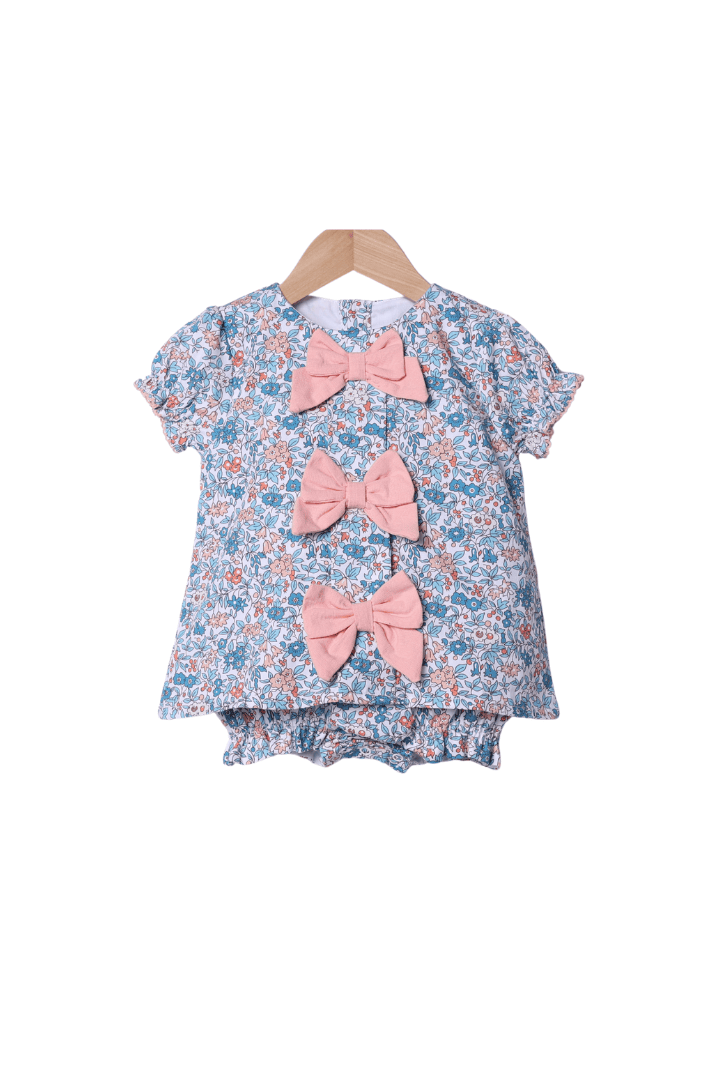 The Smocked Flamingo Children's Clothing Apricot and Blue Fall Floral Bow Bubble