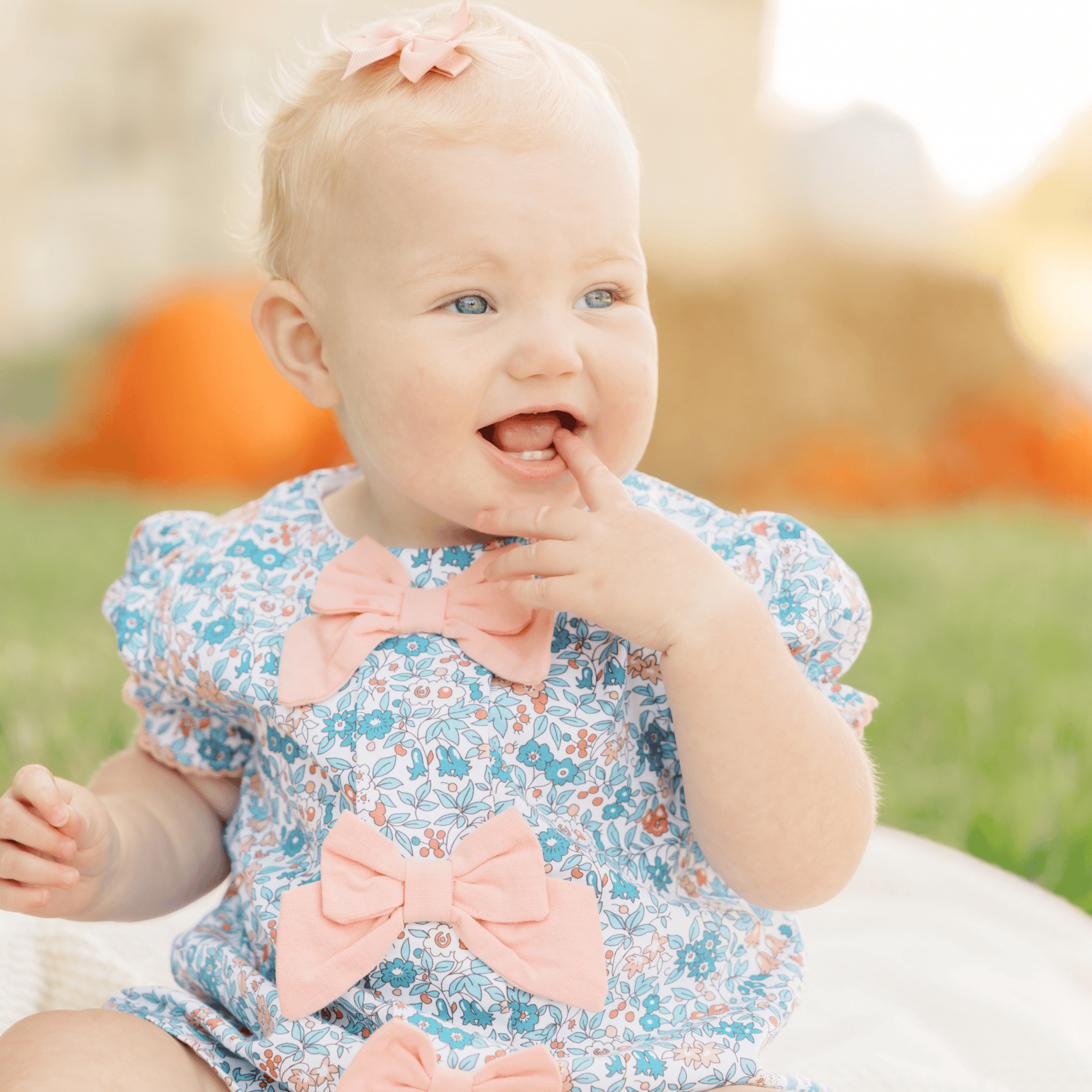 The Smocked Flamingo Children's Clothing Apricot and Blue Fall Floral Bow Bubble