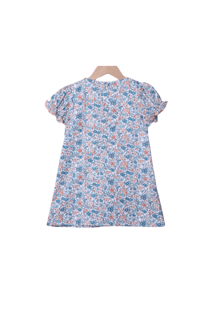 The Smocked Flamingo Children's Clothing Apricot and Blue Fall Floral Bow Dress