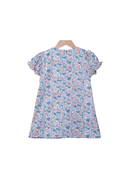 The Smocked Flamingo Children's Clothing Apricot and Blue Fall Floral Bow Dress