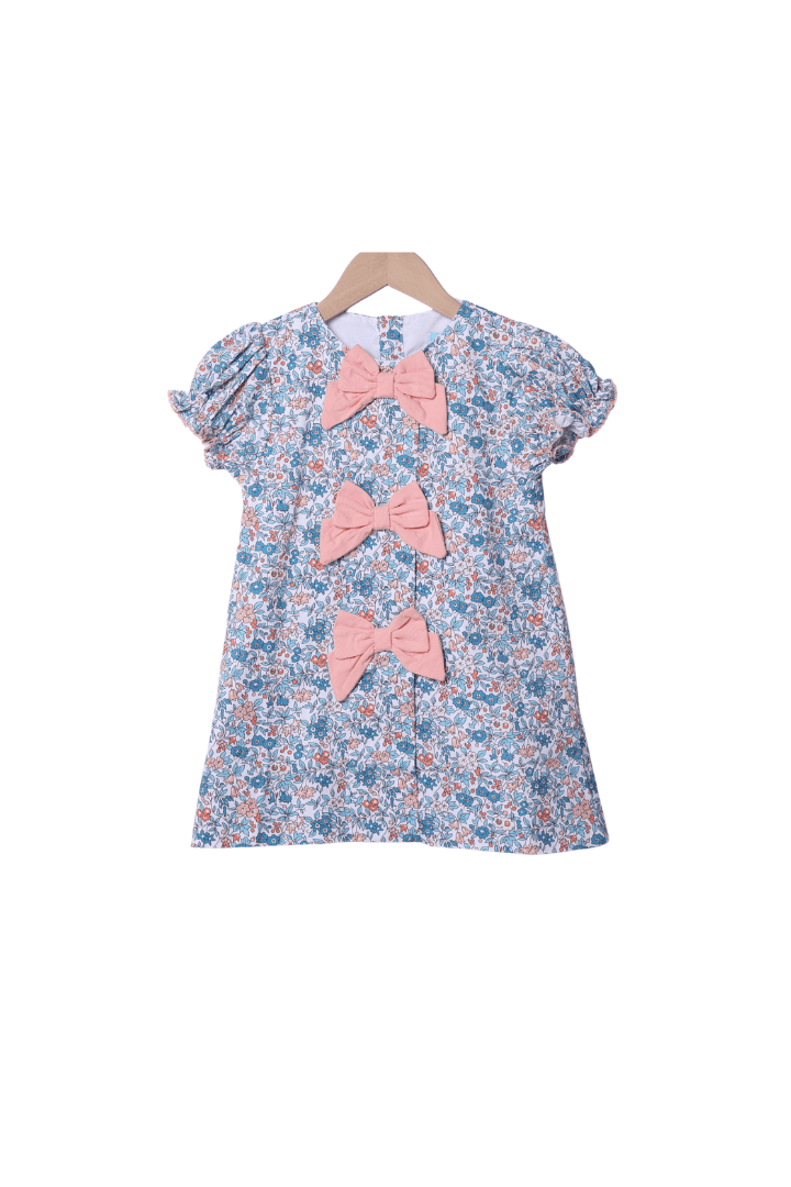 The Smocked Flamingo Children's Clothing Apricot and Blue Fall Floral Bow Dress