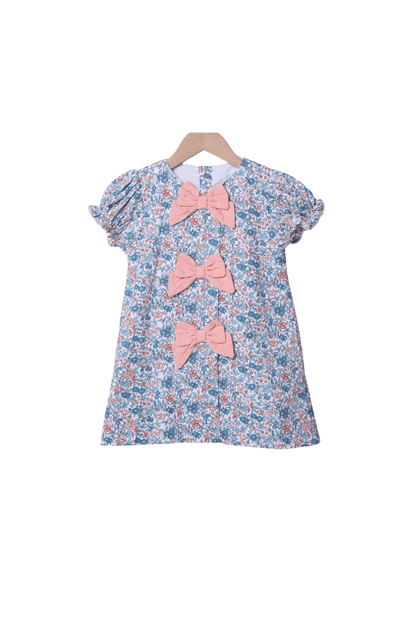 The Smocked Flamingo Children's Clothing Apricot and Blue Fall Floral Bow Dress