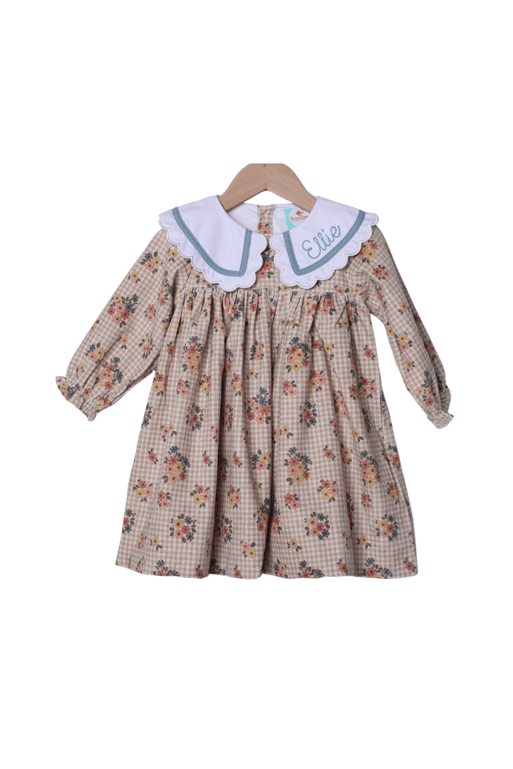 The Smocked Flamingo Children's Clothing Autumn Floral Corduroy Scallop Dress