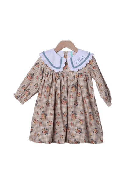 The Smocked Flamingo Children's Clothing Autumn Floral Corduroy Scallop Dress