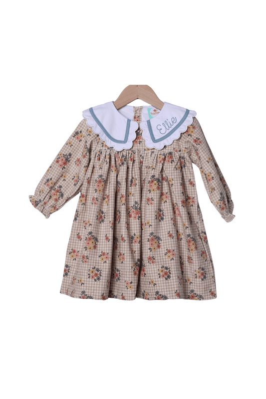 The Smocked Flamingo Children's Clothing Autumn Floral Corduroy Scallop Dress