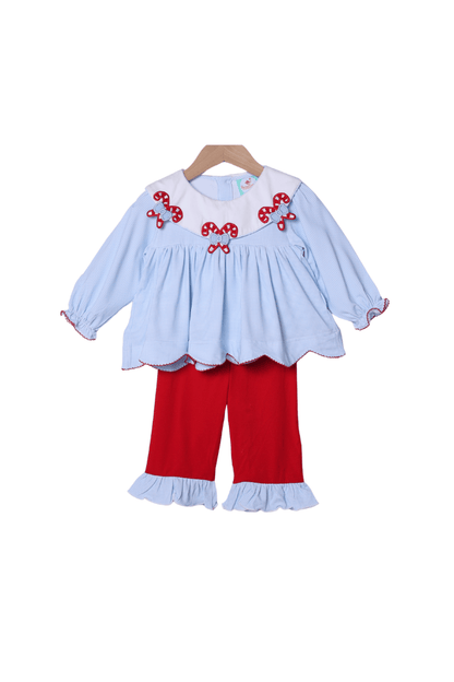 The Smocked Flamingo Children's Clothing Blue Gingham Candy Cane Collar Scalloped Pant Set