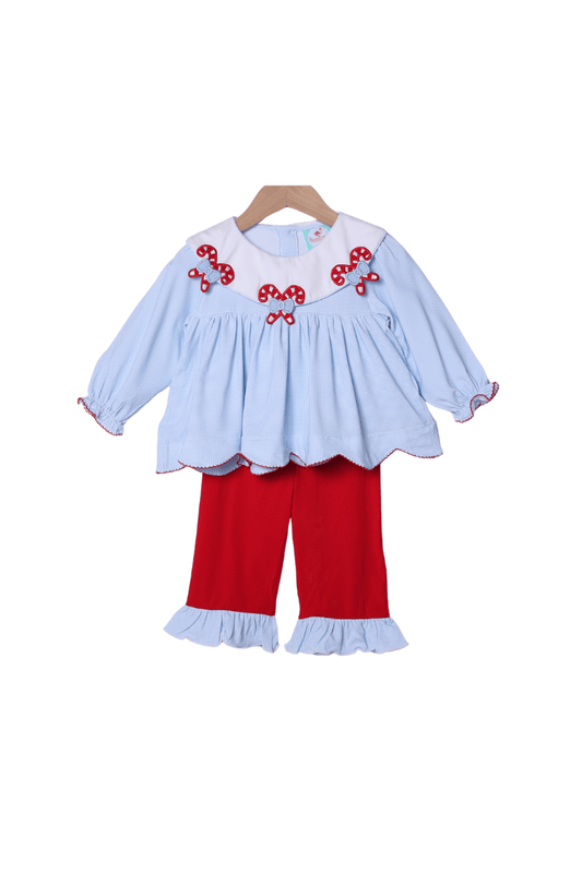 The Smocked Flamingo Children's Clothing Blue Gingham Candy Cane Collar Scalloped Pant Set