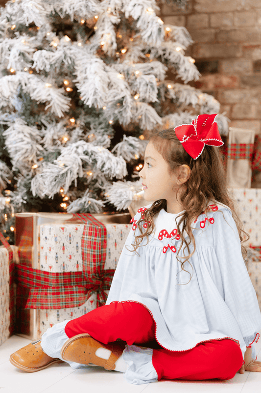 The Smocked Flamingo Children's Clothing Blue Gingham Candy Cane Collar Scalloped Pant Set