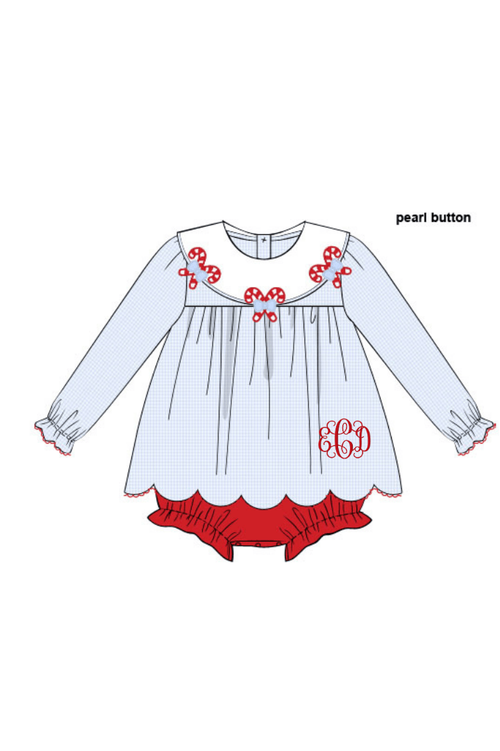 The Smocked Flamingo Children's Clothing Blue Gingham Candy Cane Collar Scalloped Skirted Bubble