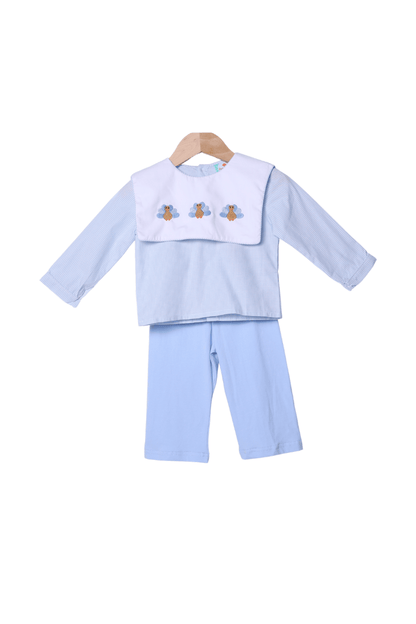 The Smocked Flamingo Children's Clothing Embroidered Turkey Blue Gingham Bib Collar Pant Set