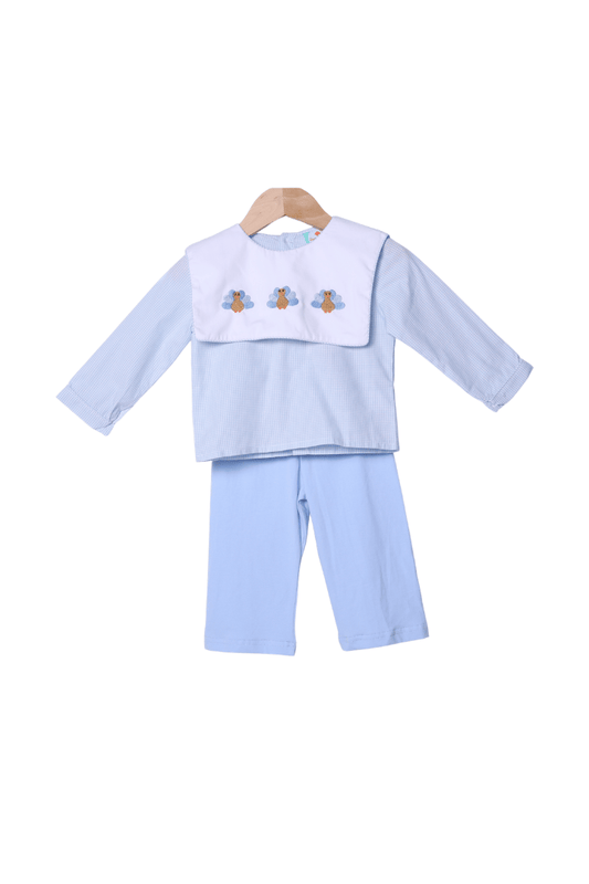 The Smocked Flamingo Children's Clothing Embroidered Turkey Blue Gingham Bib Collar Pant Set