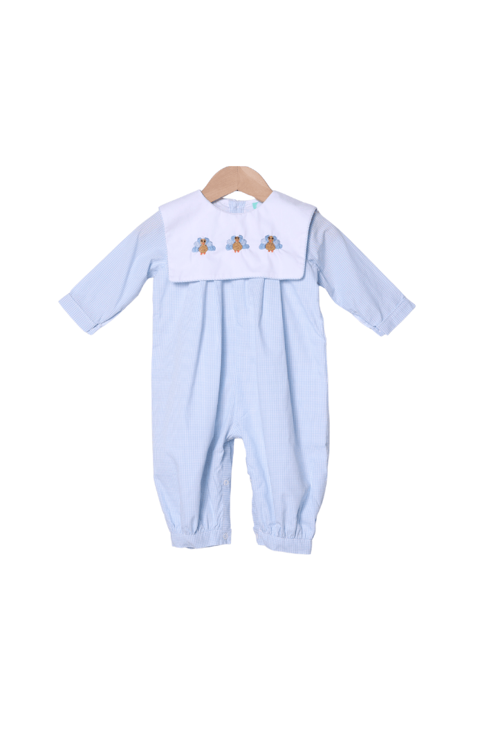 The Smocked Flamingo Children's Clothing Embroidered Turkey Blue Gingham Bib Collar Romper