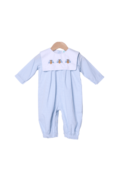 The Smocked Flamingo Children's Clothing Embroidered Turkey Blue Gingham Bib Collar Romper