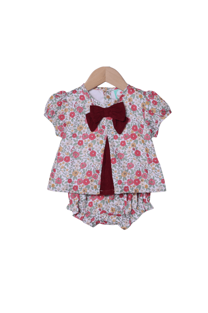The Smocked Flamingo Children's Clothing Fall Floral Corduroy Bow Bloomer set