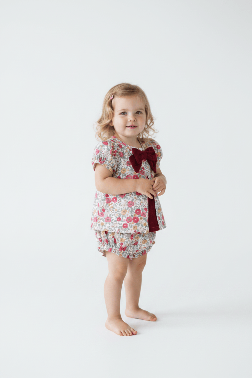 The Smocked Flamingo Children's Clothing Fall Floral Corduroy Bow Bloomer set