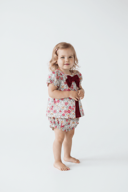 The Smocked Flamingo Children's Clothing Fall Floral Corduroy Bow Bloomer set