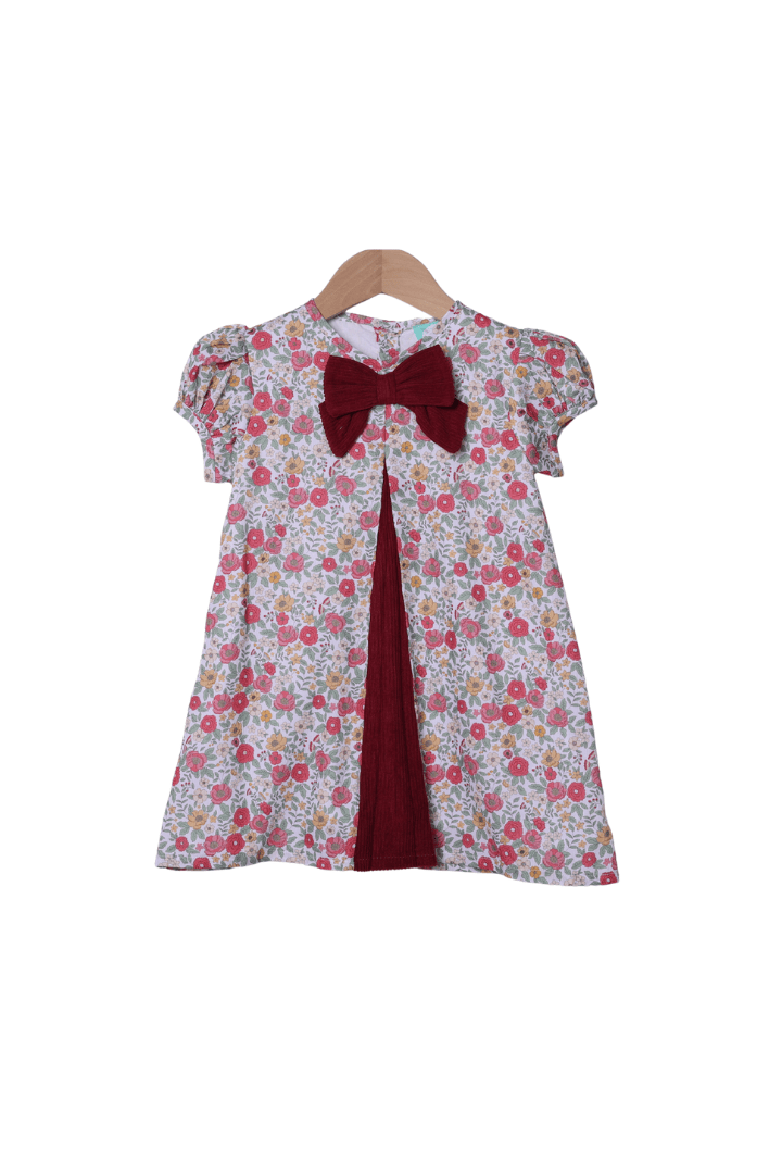 The Smocked Flamingo Children's Clothing Fall Floral Corduroy Bow Dress