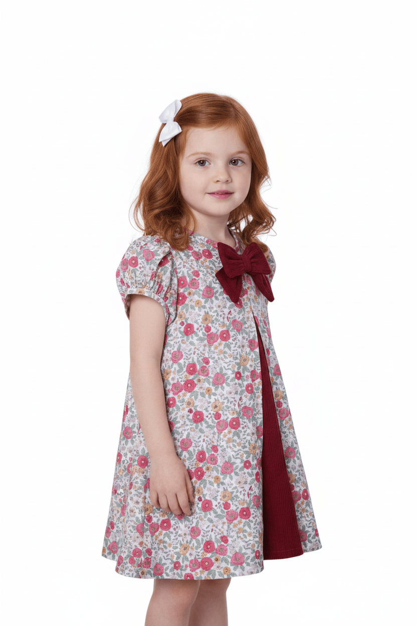 The Smocked Flamingo Children's Clothing Fall Floral Corduroy Bow Dress