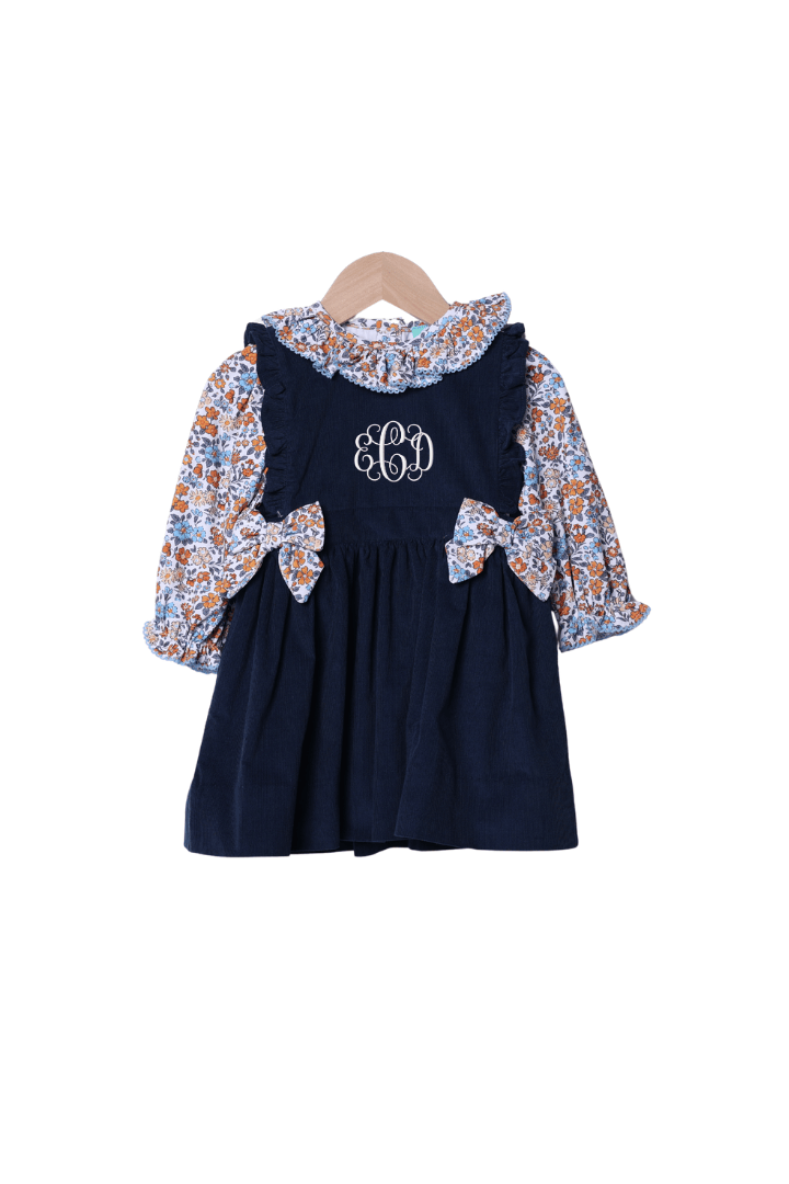 The Smocked Flamingo Children's Clothing Fall Floral Navy and Blue Corduroy 2 pc Dress