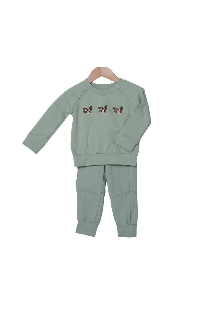The Smocked Flamingo Children's Clothing French Knot Mallard Sage Green Jogger Set