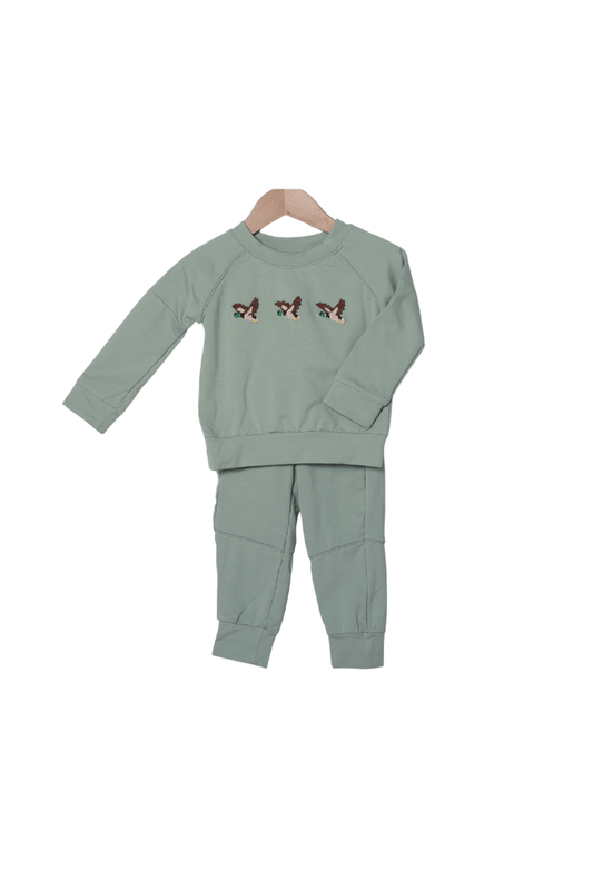 The Smocked Flamingo Children's Clothing French Knot Mallard Sage Green Jogger Set