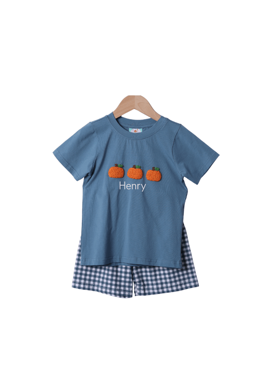 The Smocked Flamingo Children's Clothing French Knot Pumpkin Stone Gingham Short Set