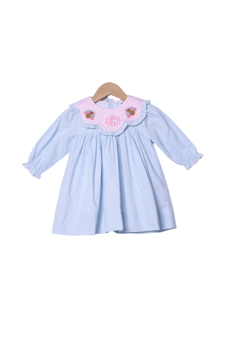 The Smocked Flamingo Children's Clothing French Knot Turkey Blue Gingham Dress