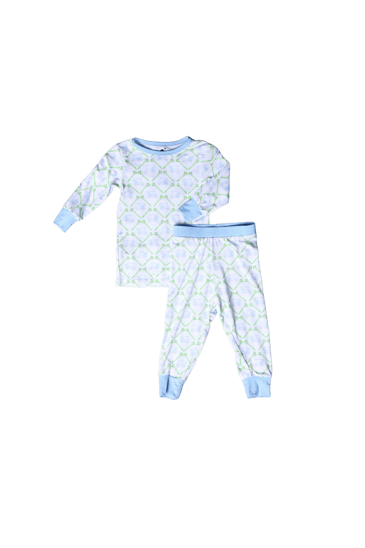 The Smocked Flamingo Children's Clothing Golf Cart Blue Bamboo Pajamas