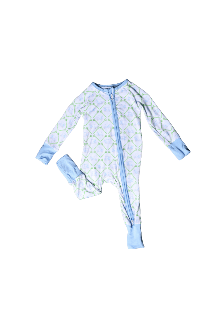 The Smocked Flamingo Children's Clothing Golf Cart Blue Bamboo Zippy