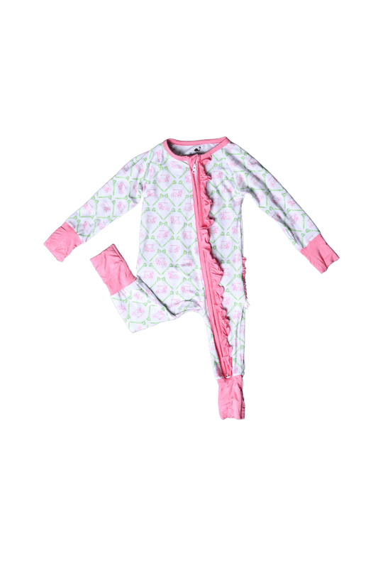 The Smocked Flamingo Children's Clothing Golf Cart Pink Ruffle Bow Bamboo Zippy