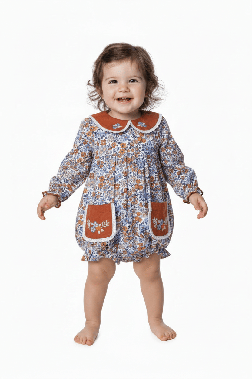 The Smocked Flamingo Children's Clothing Hand Embroidered Fall Floral Bubble