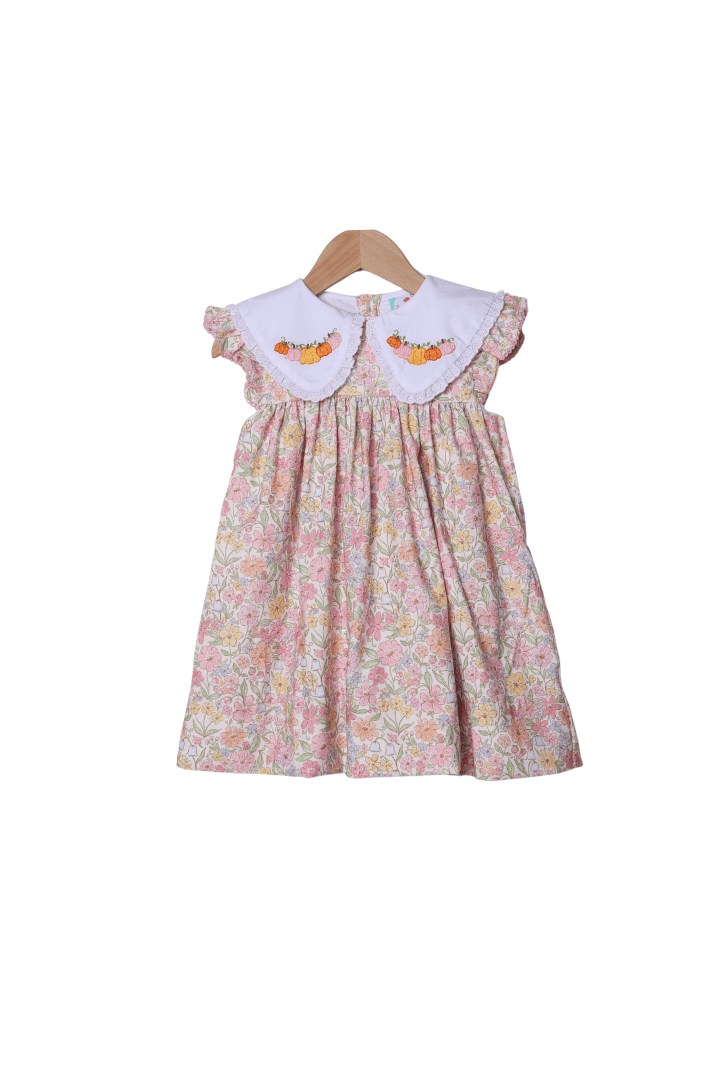 The Smocked Flamingo Children's Clothing Hand Embroidered Pumpkin Flutter Sleeve Dress
