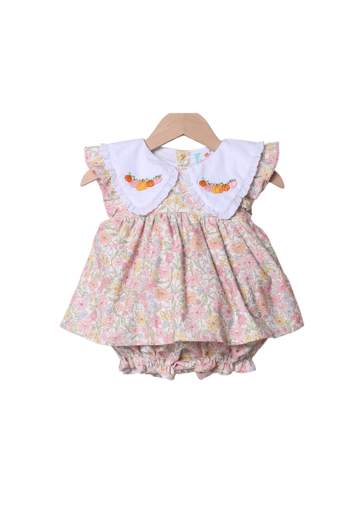 The Smocked Flamingo Children's Clothing Hand Embroidered Pumpkin Flutter Sleeve Skirted Bubble