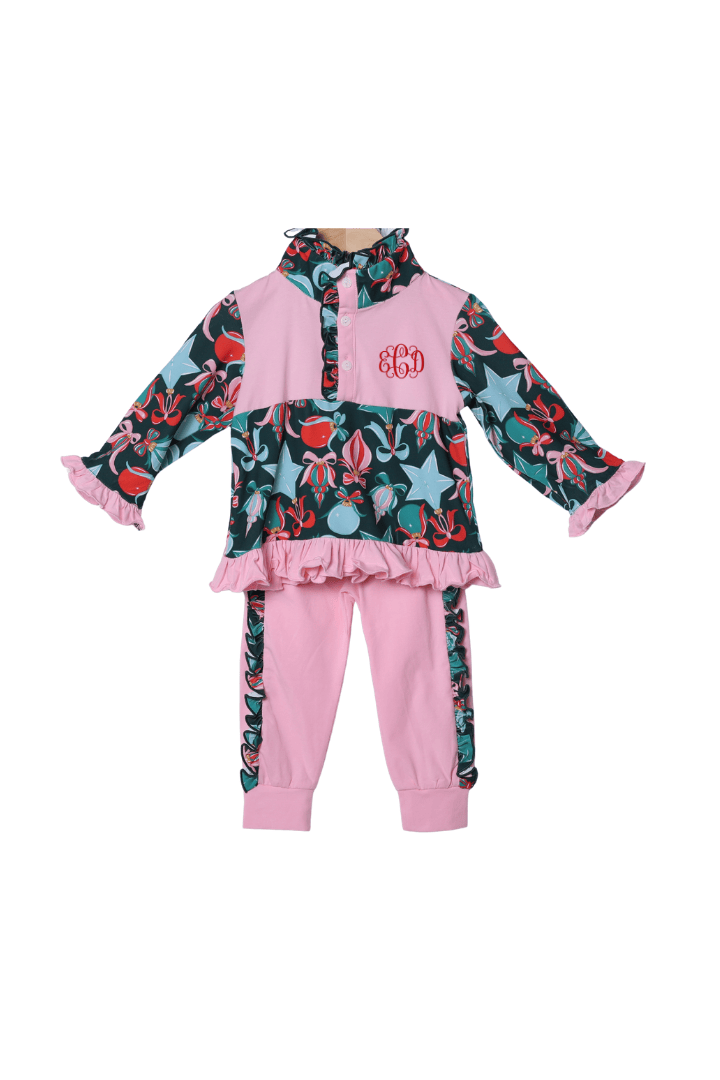The Smocked Flamingo Children's Clothing Holiday Ornaments Pink Jogger Set
