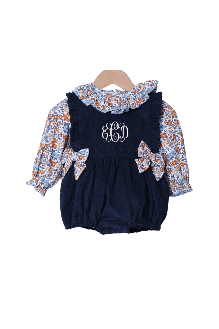 The Smocked Flamingo Children's Clothing Navy Corduroy and Blue Fall Floral 2 Pc Bubble