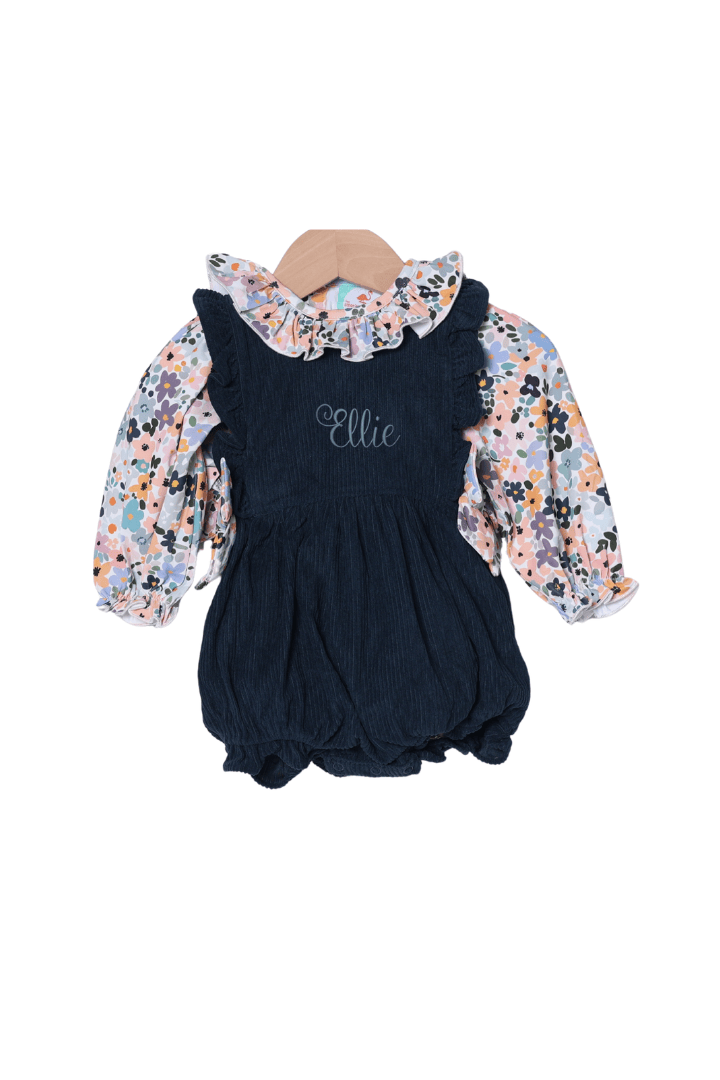 The Smocked Flamingo Children's Clothing Navy Corduroy Fall Floral 2 Pc Bubble