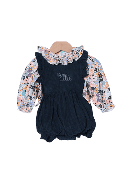 The Smocked Flamingo Children's Clothing Navy Corduroy Fall Floral 2 Pc Bubble