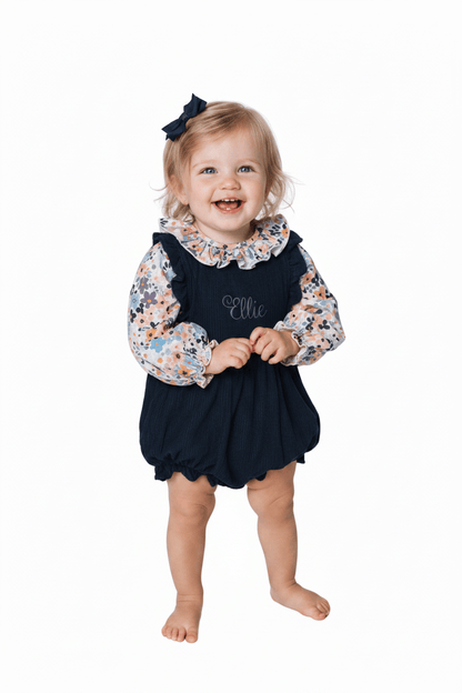 The Smocked Flamingo Children's Clothing Navy Corduroy Fall Floral 2 Pc Bubble