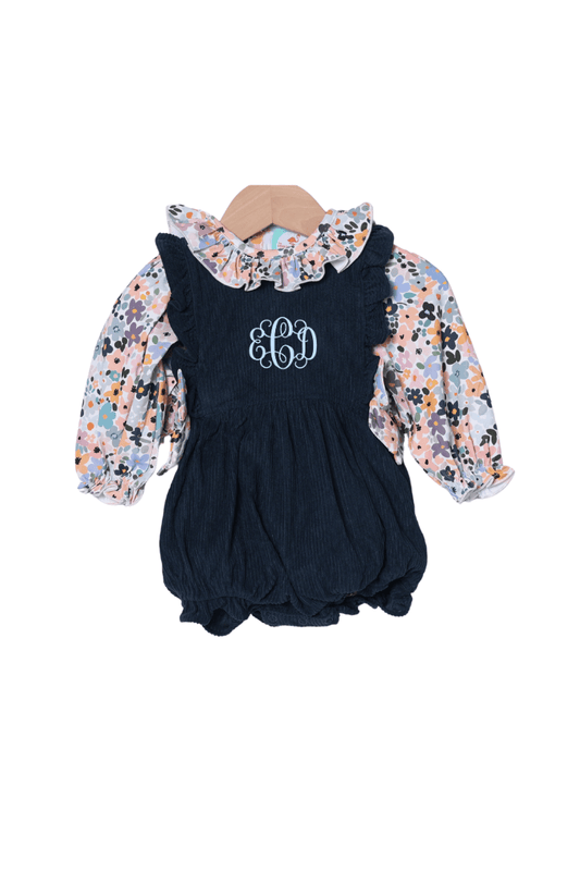 The Smocked Flamingo Children's Clothing Navy Corduroy Fall Floral 2 Pc Bubble